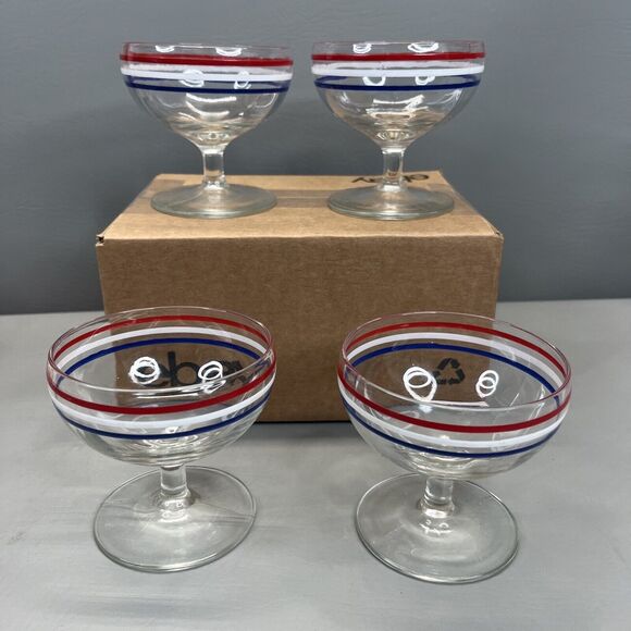 VTG Clear Glass Sherbet Dessert Bowls Footed Dishes Red White Blue Accent Rims - Picture 9 of 9